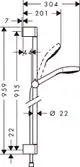 Brauseset von Hansgrohe mit verstellbarer Brausestange in chromfarbenem Design. Skizze zeigt Maße und Detailansichten der Teile, einschließlich der Halterung und Brause.